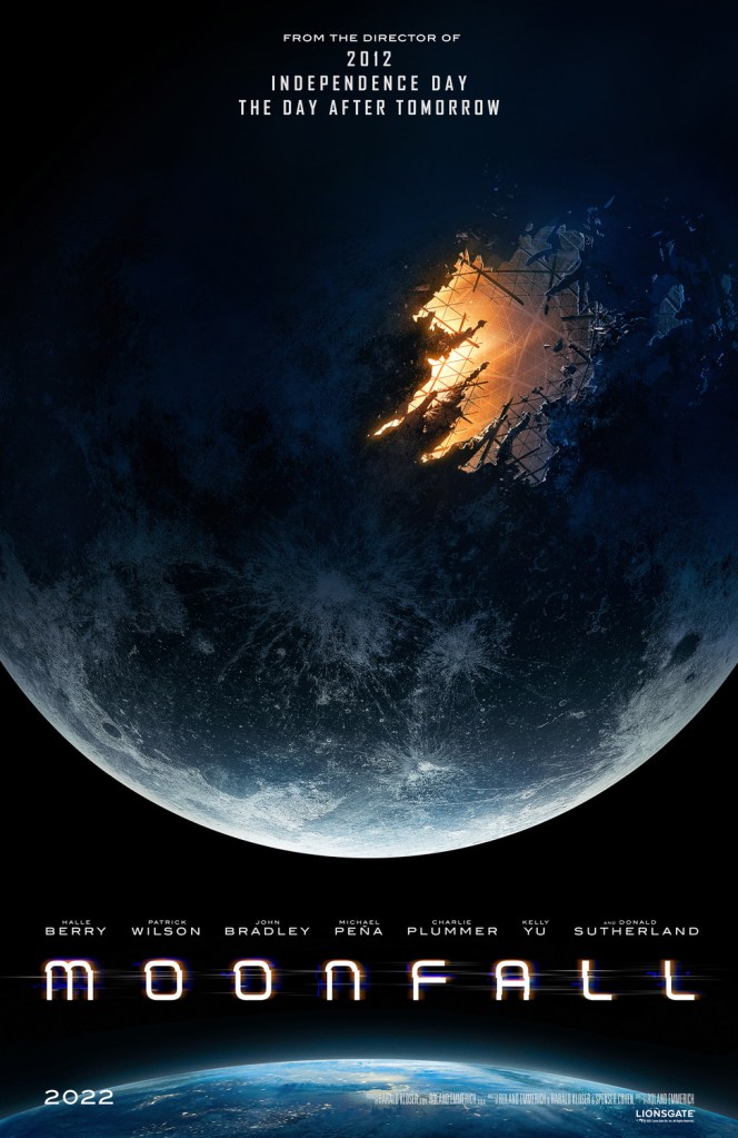 The film poster showing a giant moon next to a small earth. There is a hole in the moon that hints at a built structure. 