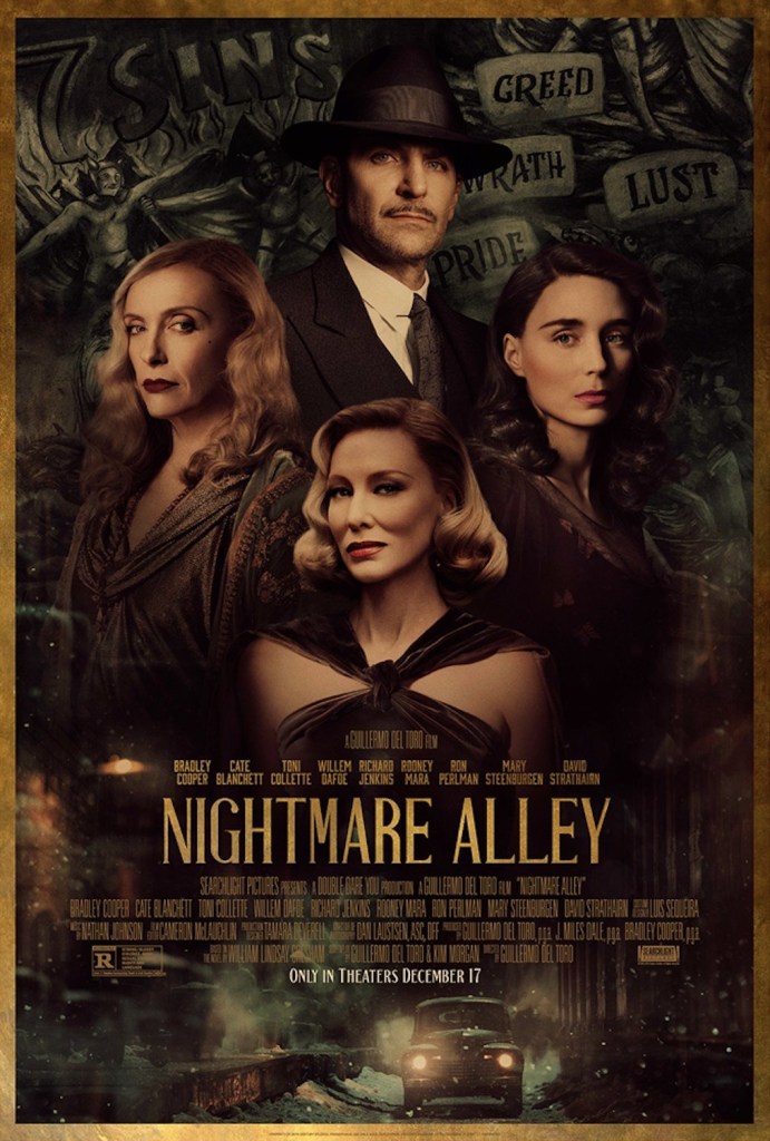 The film poster showing Stanton (Bradley Cooper) and below him Zeena (Toni Collette), Dr. Ritter (Cate Blanchett) and Molly (Rooney Mara).