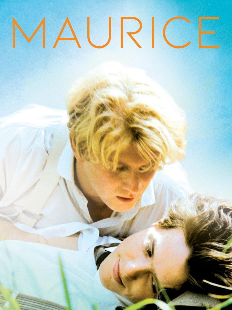 The film poster showing Maurice (James Wilby) leaning over Clive (Hugh Grant) who is turning his face away.