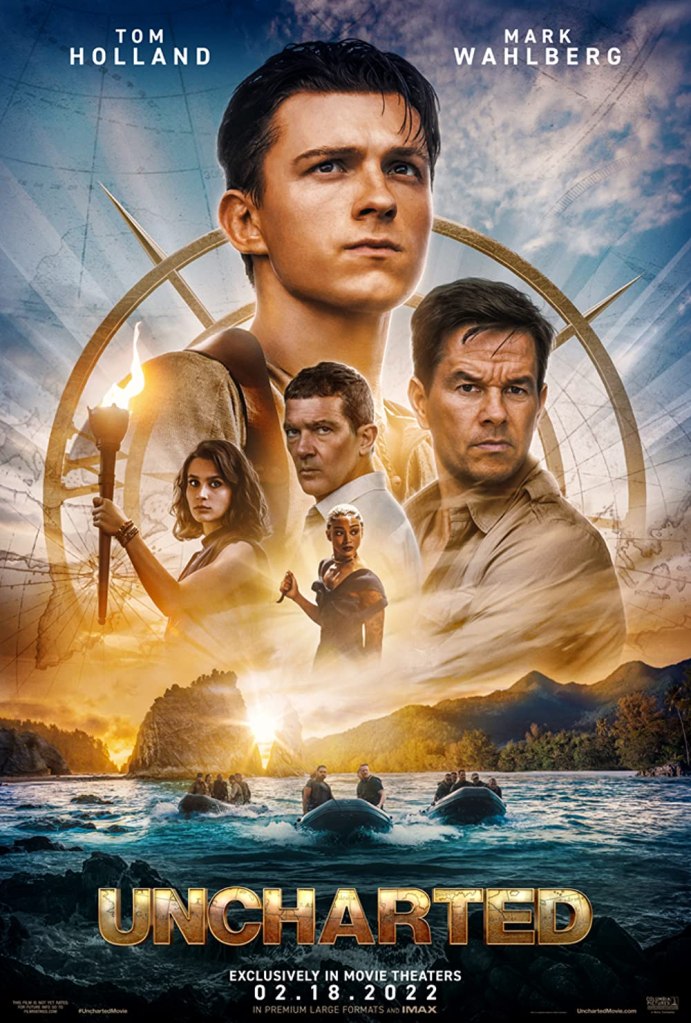 The film poster showing a large headshot of Nate (Tom Holland) with smaller images of other important characters below him. Behind him is a compass and there are also people in boats. 