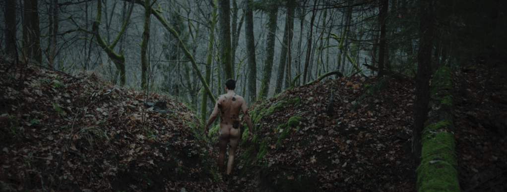 Andrejs (Igors Selegovskis) walking naked through the woods.