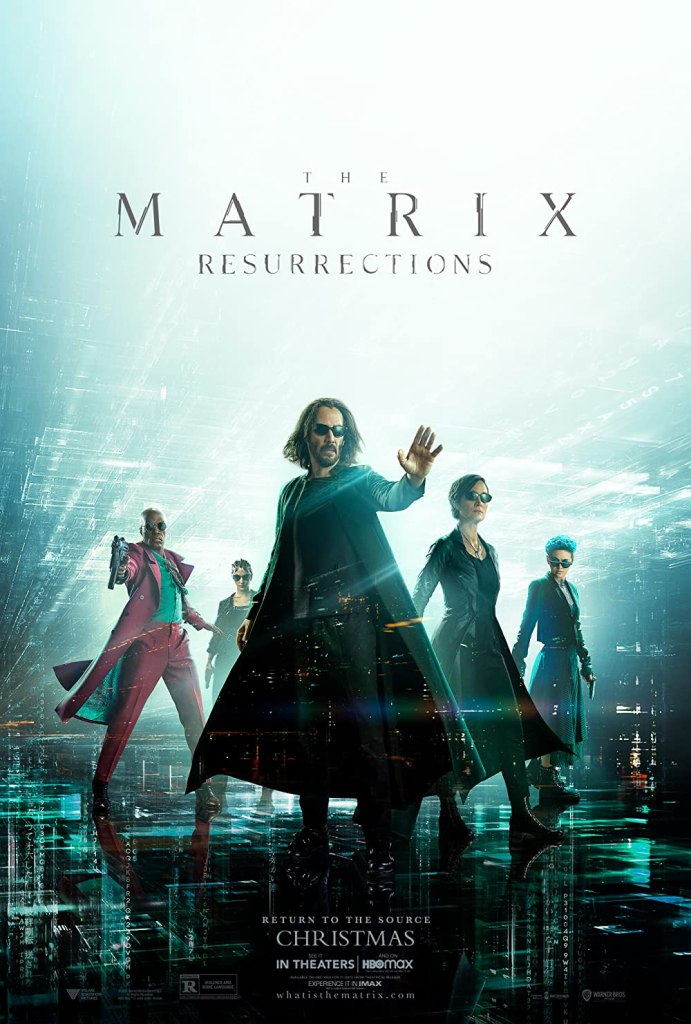 The film poster sowing the central characters standing in a V formation, Neo (Keanu Reeves) front and center. All are wearing sunglasses and look very cool.