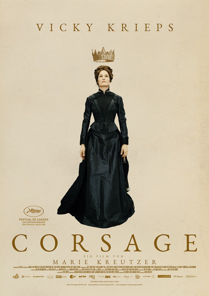 The film poster showing Empress Elisabeth (Vicky Krieps) wearing a black dress, a crown floating above her head.
