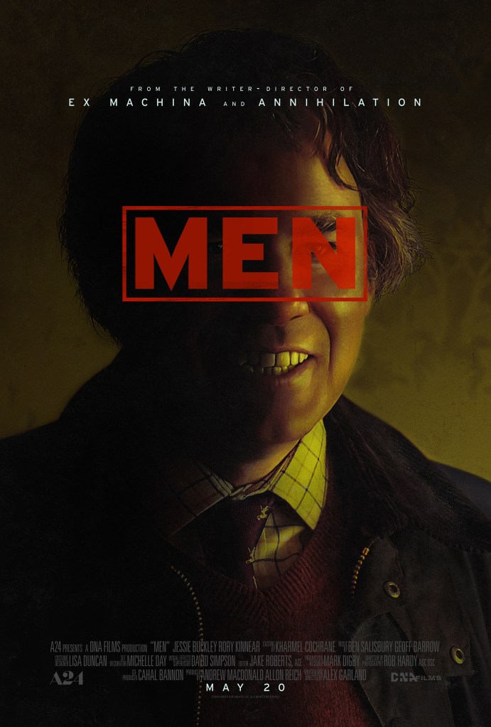 The film poster showing Geoffrey (Rory Kinnear) smiling, the word Men stamped across his eyes.