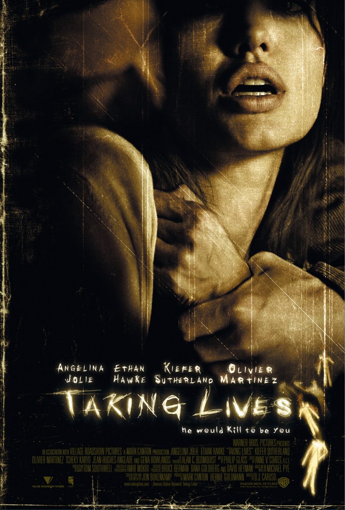 The film poster showing Illeana (Angelina Jolie) with a hand wrapped around her wrist, close to her neck. 