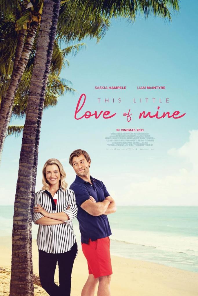 The movie poster showing Laura (Saskia Hampele) leaning against a palm tree on the beach and Chip (Liam McIntyre) leaning against her.