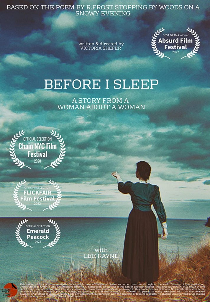 The film poster showing a woman on a cliff over the sea, holding up her left hand, palm up.