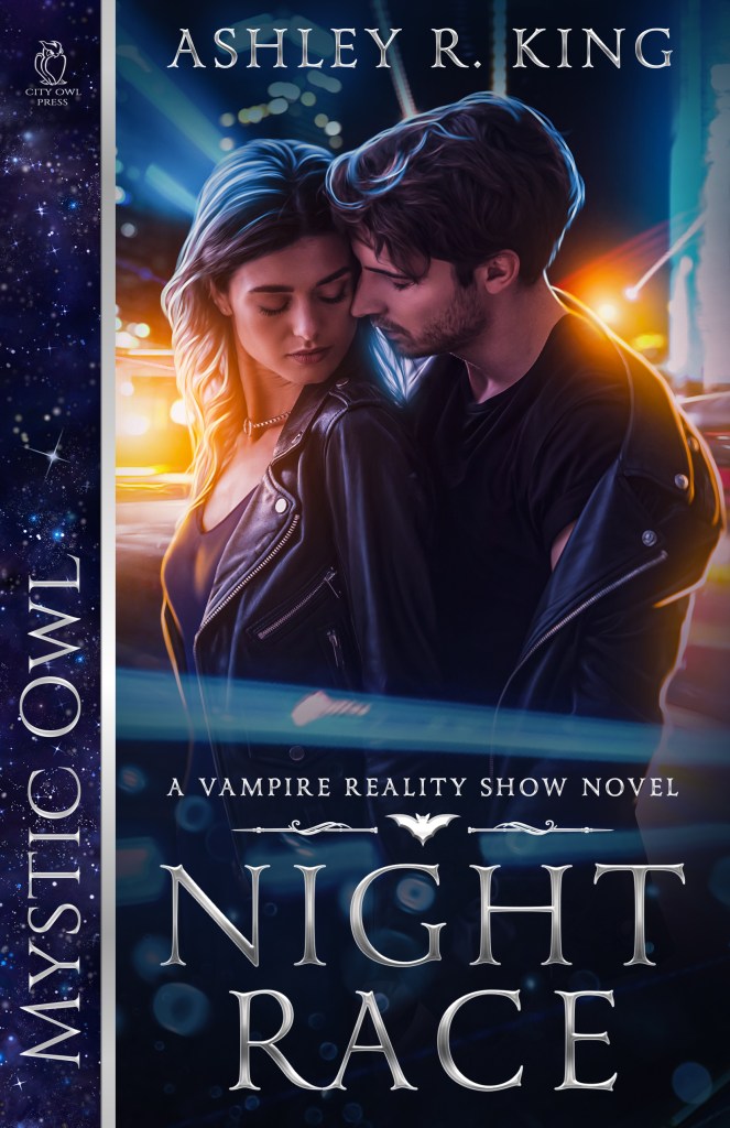 The book cover showing a woman being hugged from behind by a man. Both are wearing leather jackets. 