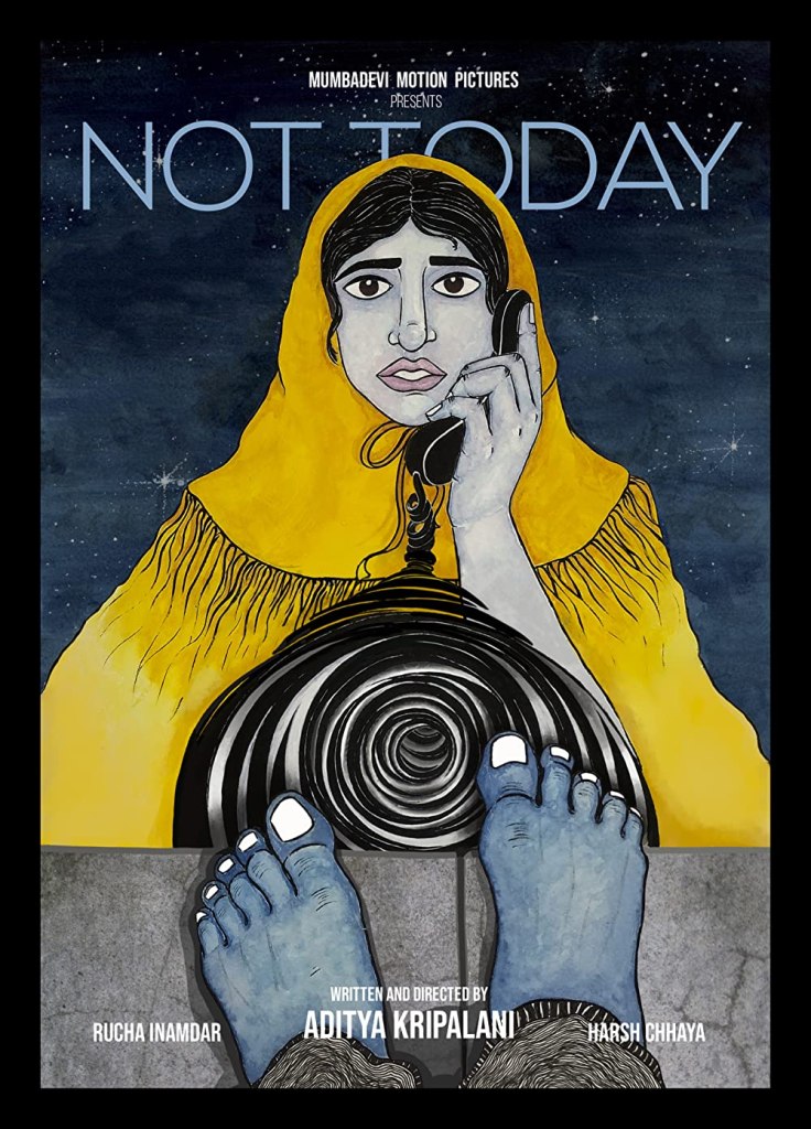 The film poster showing a drawing of a woman on the phone. The phone cord extends to a pair of feet that are standing on a ledge.