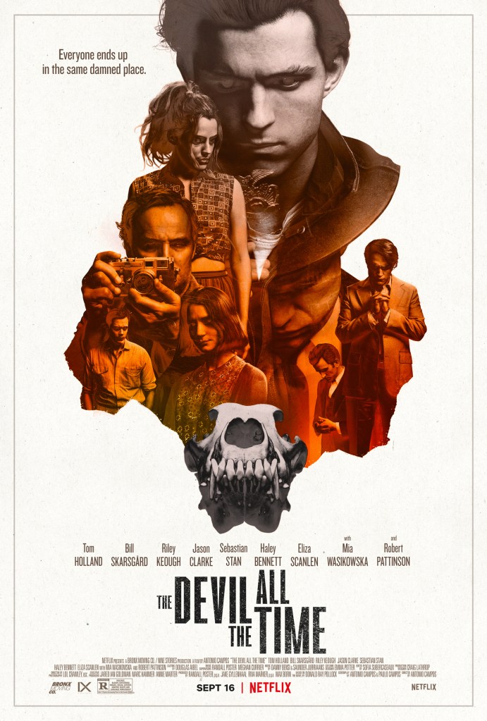 The film poster showing an arrangement of the main characters in hues of brown and orange over an animal skull.