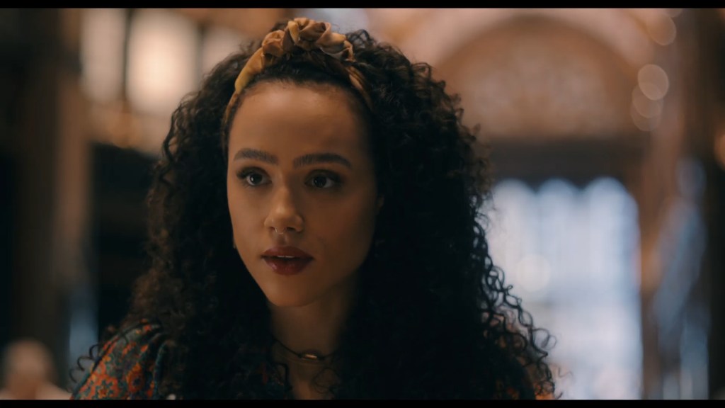 Evie (Nathalie Emmanuel) looking flabbergasted.