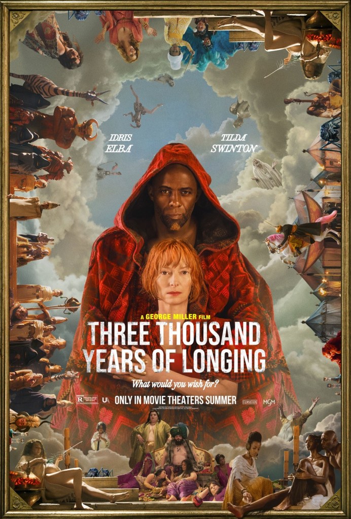 The film poster showing the Djinn (Idris Elba) standing behind Alithea (Tilda swinton), surrounded by carious characters from the film.