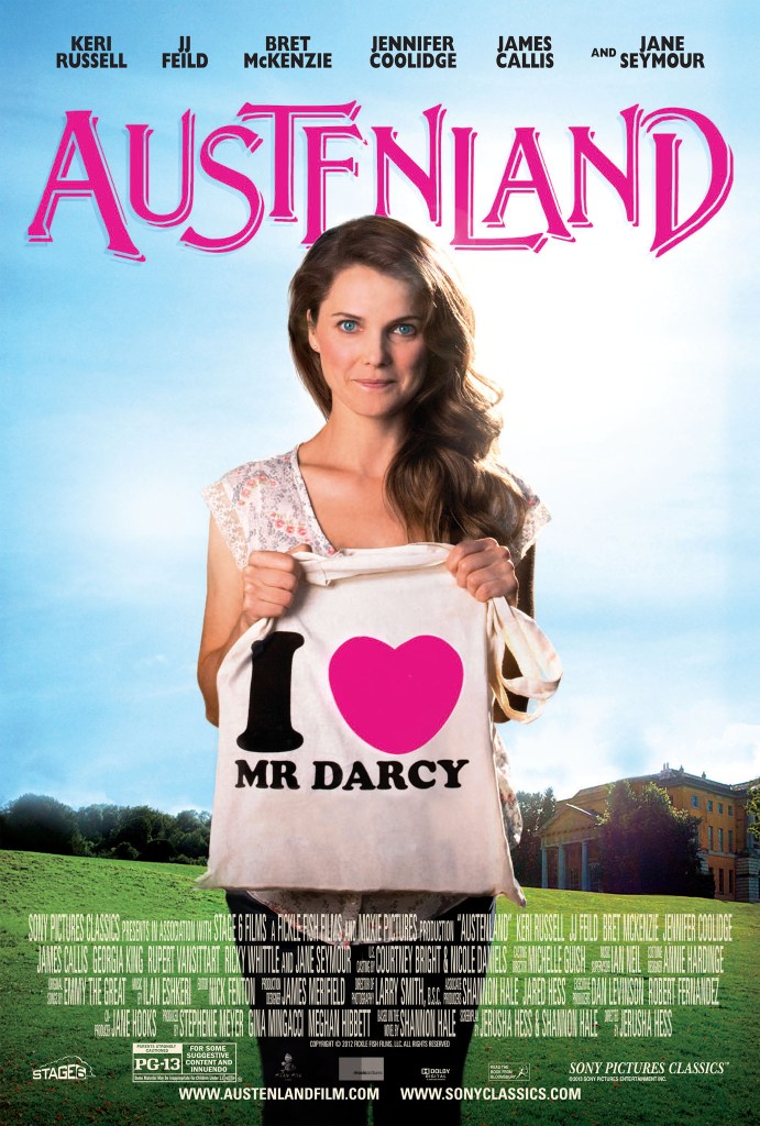 The film poster showing Jane (Keri Russell) holding a canvas bag with I heart Mr Darcy printed on it. 