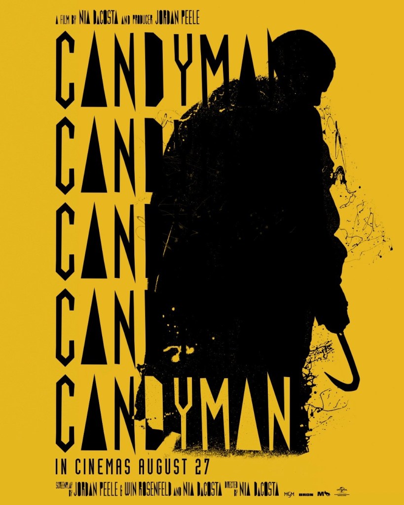 The film poster showing the silhouette of a man with a hooked hand on a yellow background. The name Candyman is printed five times.