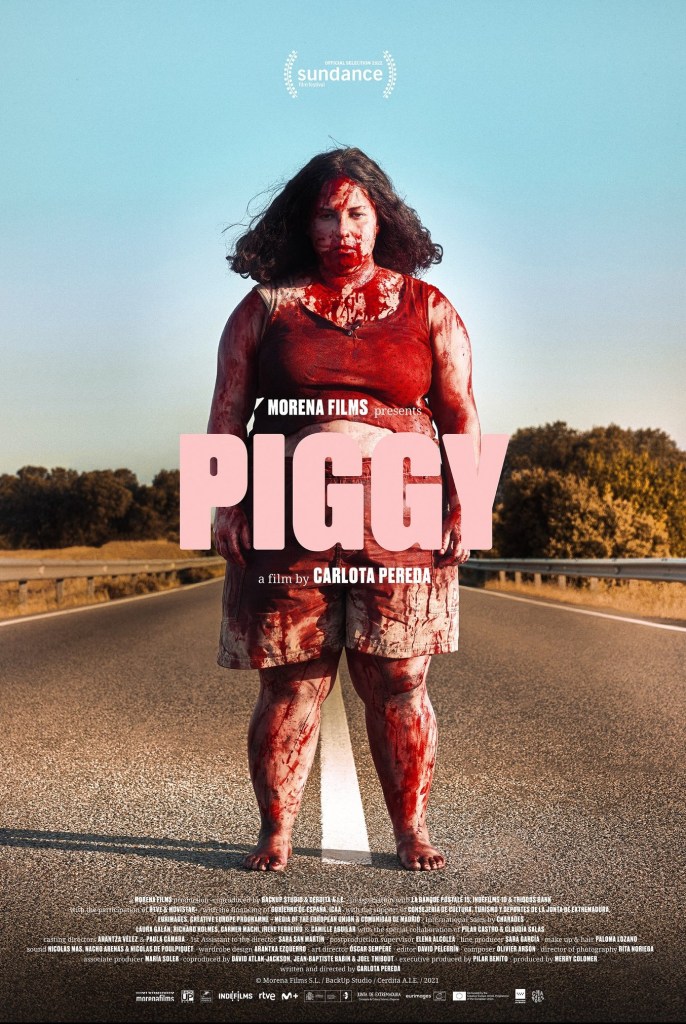 The film poster showing Sara (Lara Galán) covered in blood, standing in the middle of the street.