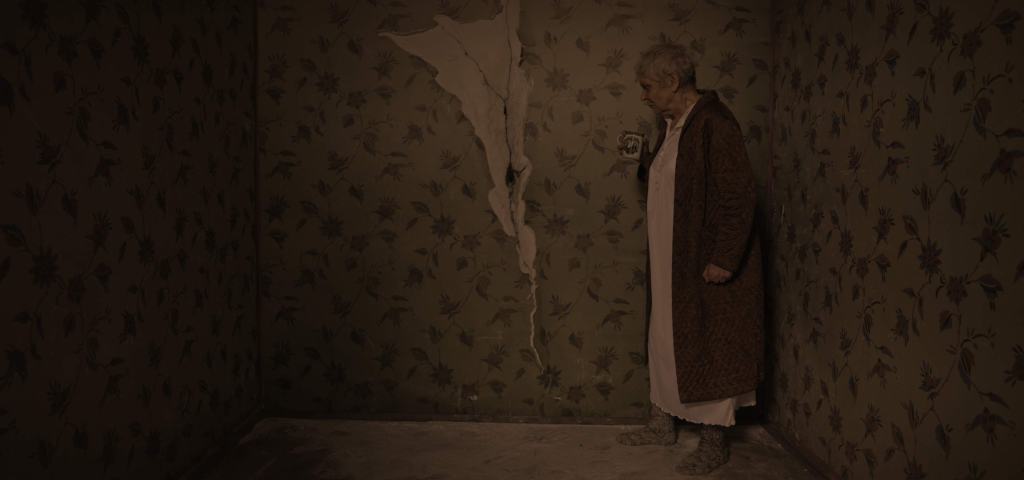Ms Pospisil (Berta Kammer) standing in front of a crack in her wall. 