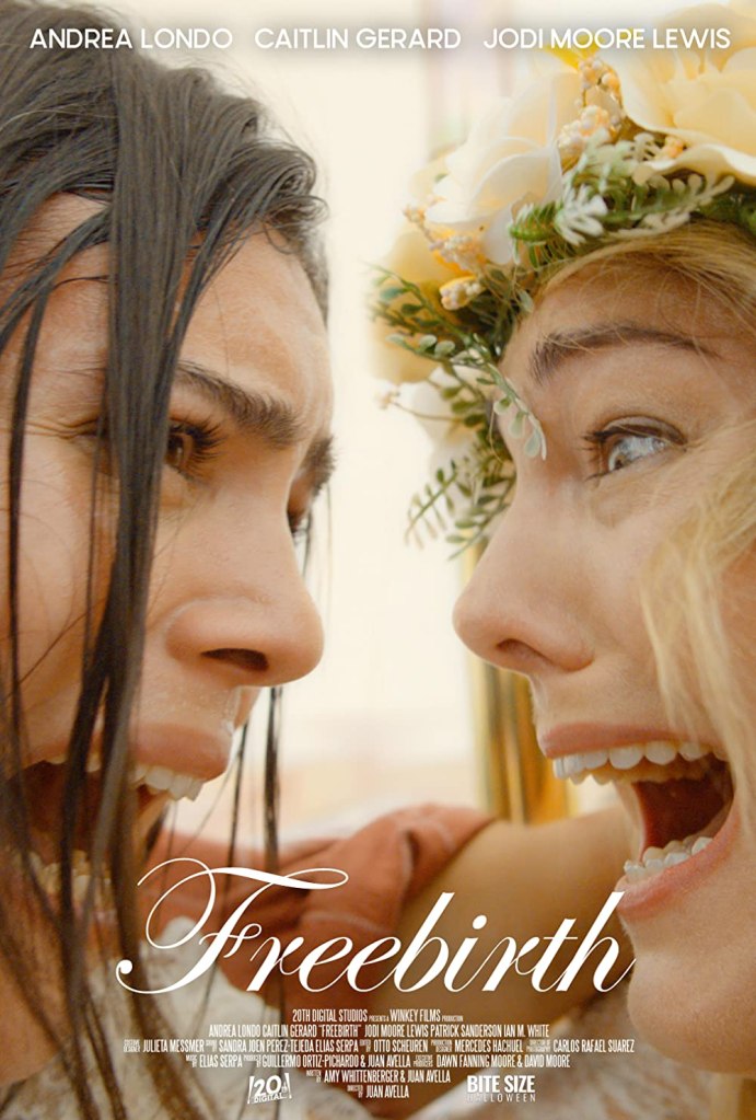 The film poster showing two women, their faces very close together, both screaming. One is wearing a flower crown.