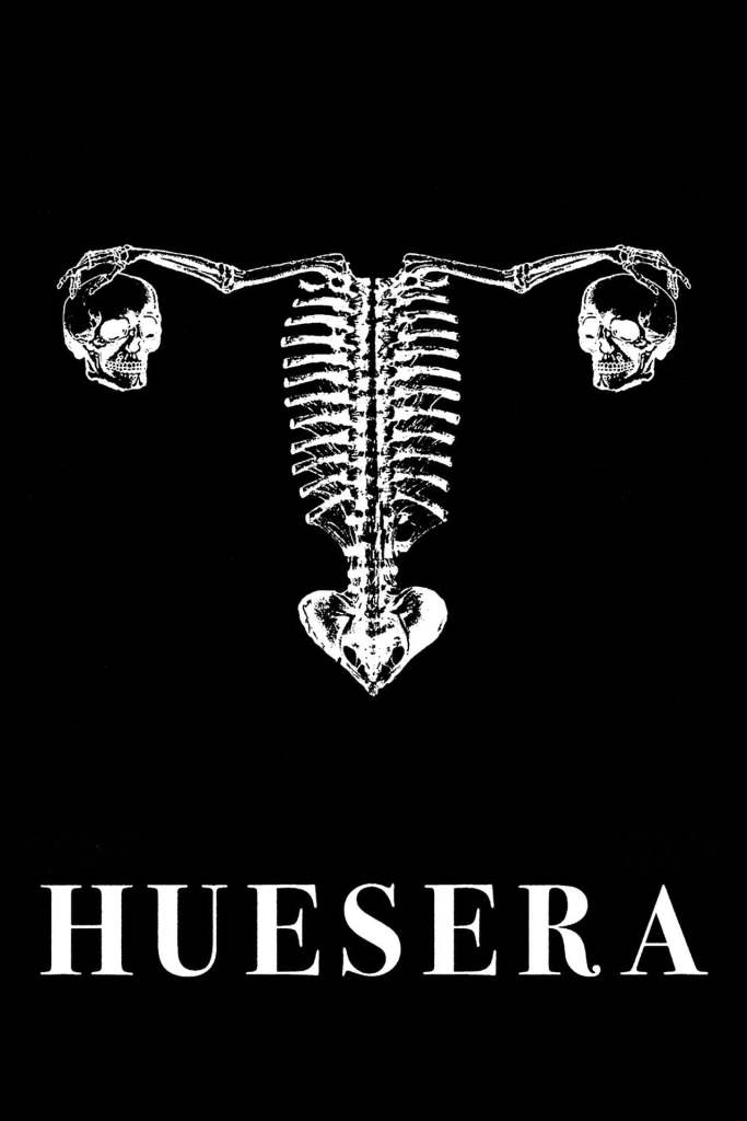 The film poster showing a skeleton without legs and head, but holding two skulls in its outstreteched hands, resembling ovaries and uterus. 