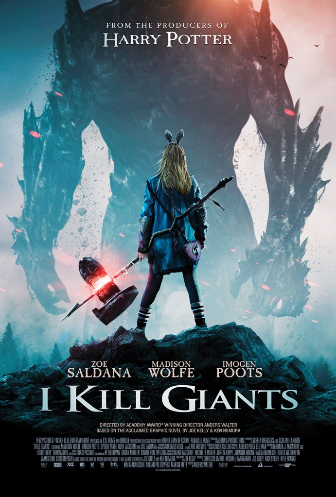 The film poster showing Barbara (Madison Wolfe) holdng a giant hammer, wearing bunny ears and facing a giant.