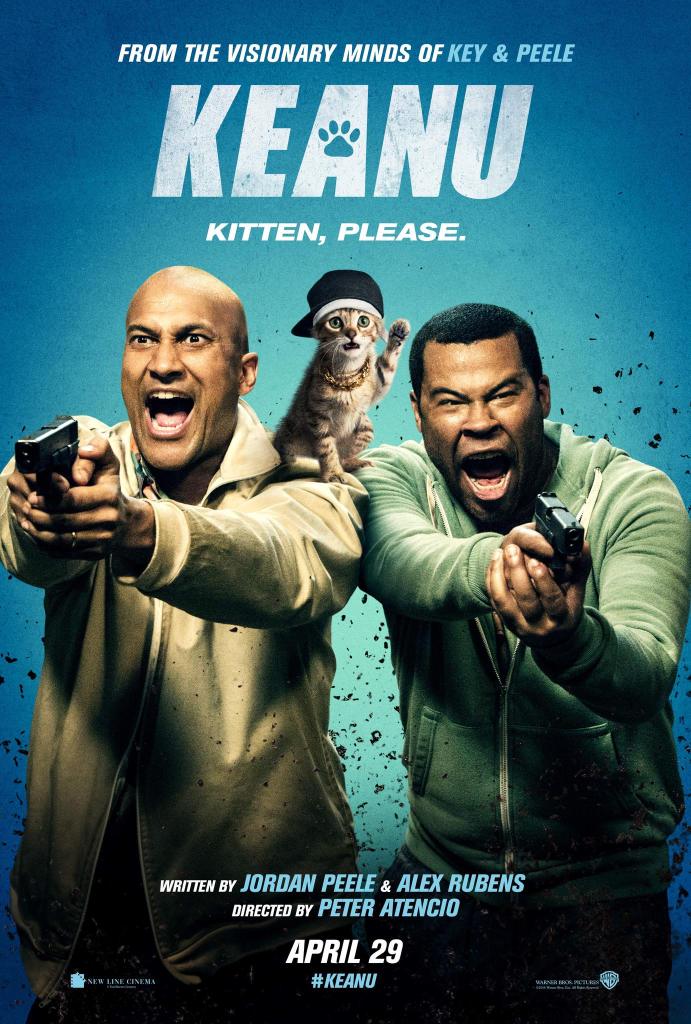 Clarence (Keegan-Michael Key) and Rell (Jordan Peele) screaming and shooting guns. They are standing shoulder to shoulder and Keanu the kitten, wearnig a backwards baseball cap is sitting on their shoulders, one paw raised.