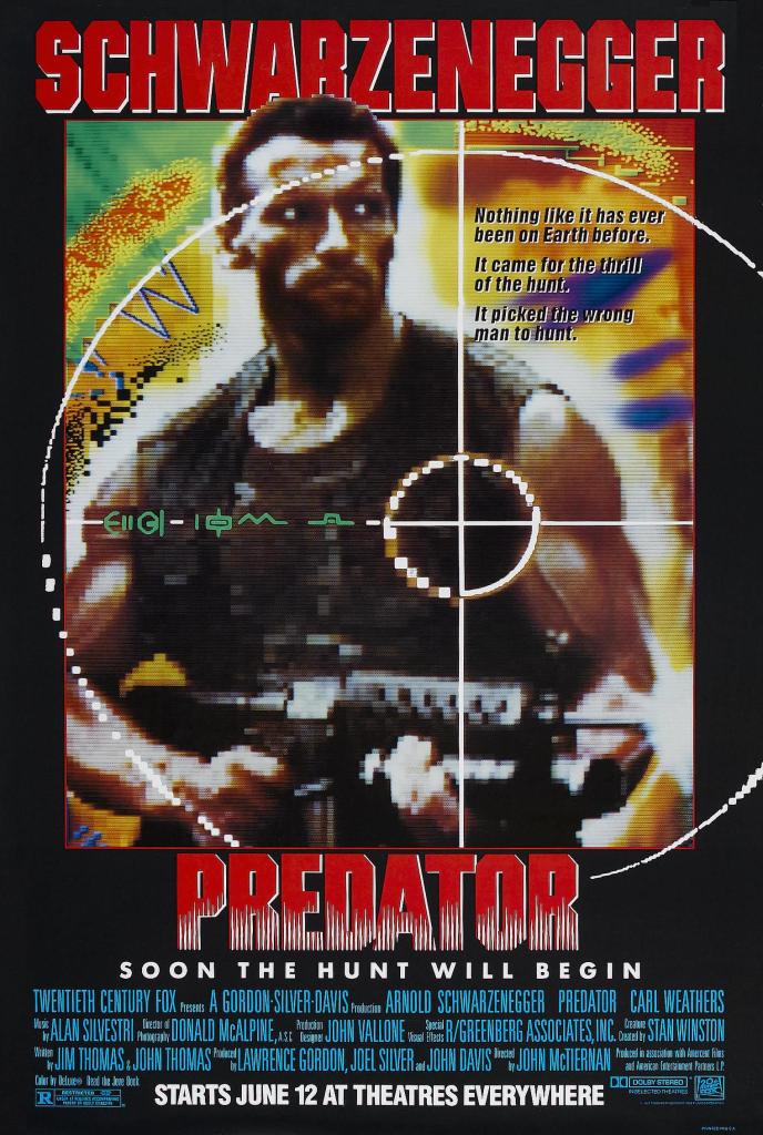 The film poster showing Dutch (Arnold Schwarzenegger) carrying a machine gun in a pixelated image with crosshairs pointing to his heart.