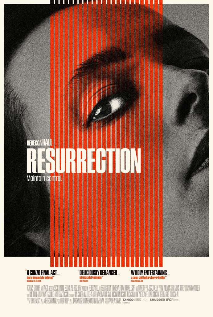 The film poster showing Margaret's (Rebecca Hall) face in close-up, orange stripes running over the black-and white image.