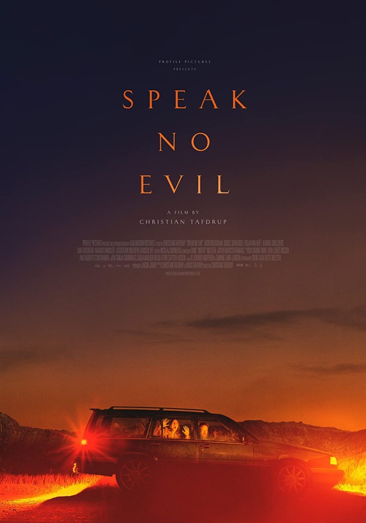 The film poster showing a car in a lonely landscape, screaming people inside it.