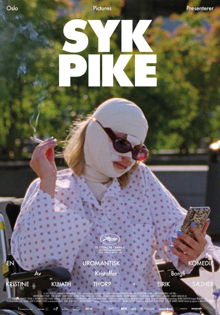 The film poster showing Signe (Kristine Kujath Thorp) sitting in a wheelchair, smoking. Her face is completely bandaged.