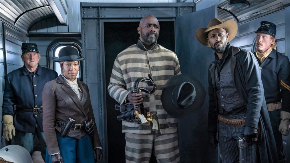 Trudy (Regina King) and Cherokee Bill (LaKeith Stanfield) break out Rufus (Idris Elba) from his prison transport. 