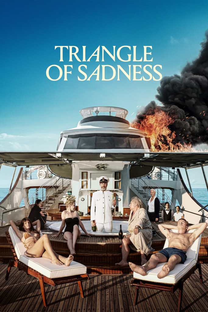 THe film poster showing the central characters lounging on a yacht. At the back of the yacht, there is an explosion.
