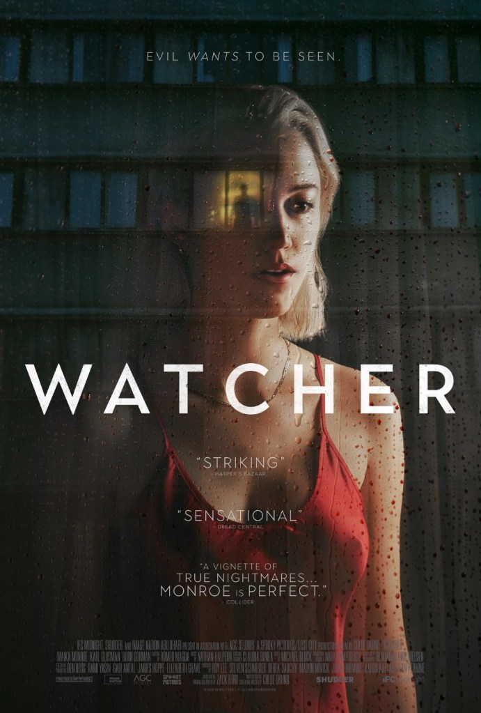 The film poster showing Julia (Maika Monroe) looking out the window. In the reflection of the window, we can see another lit window with a silhouette.