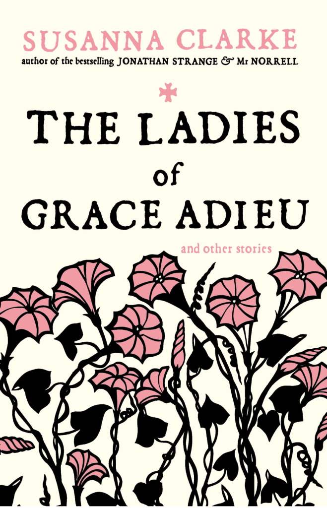 The book cover showing a drawing of pink flowers with black stems and leaves on a beige background.
