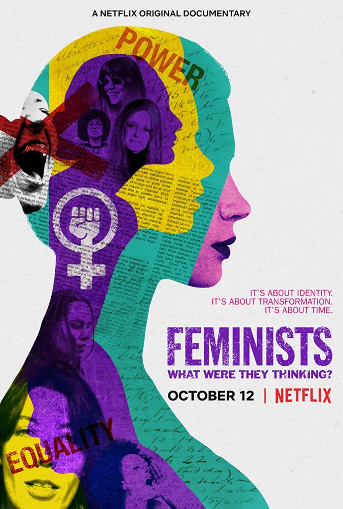 The film poster showing the colorful silhouette of a woman with other silhouettes, faces, symbols and text inside of it.