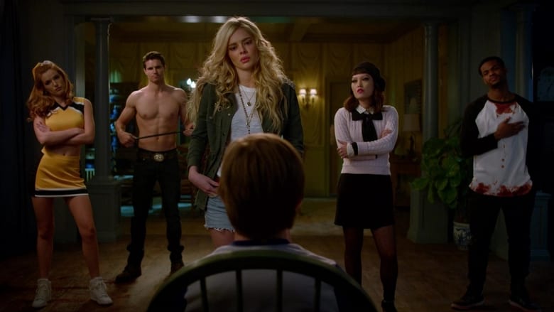 Bee (Samara Weaving) and her friends facing Cole (Judah Lewis) who is sitting on a chair.