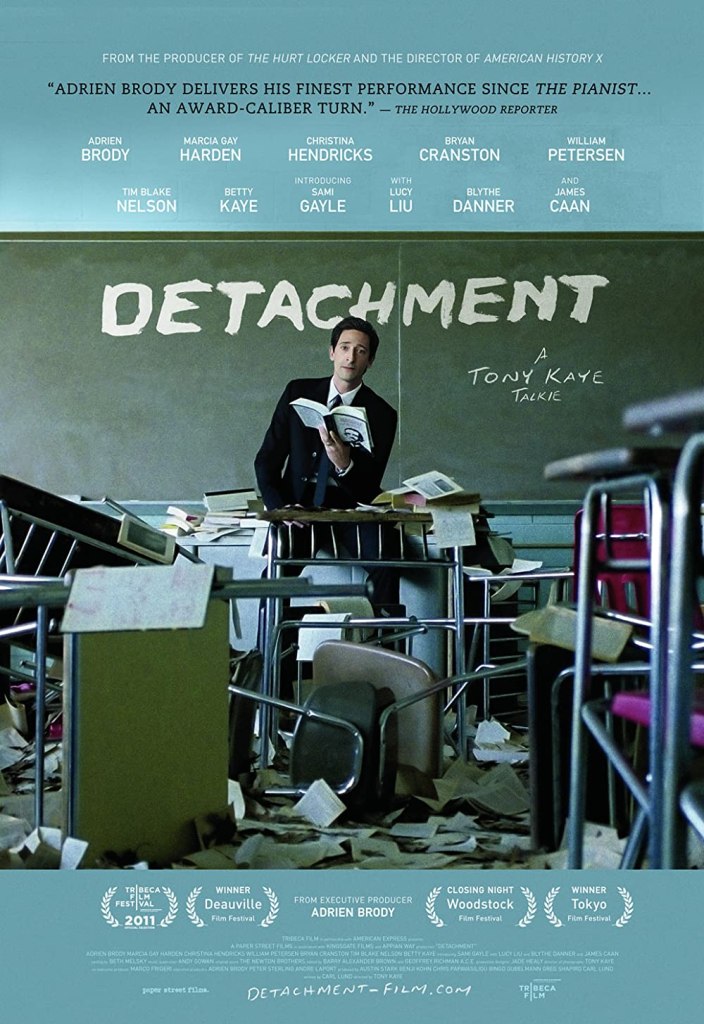 The film poster showing Henry (Adrien Brody) teaching in a completely wrecked classroom with no students.