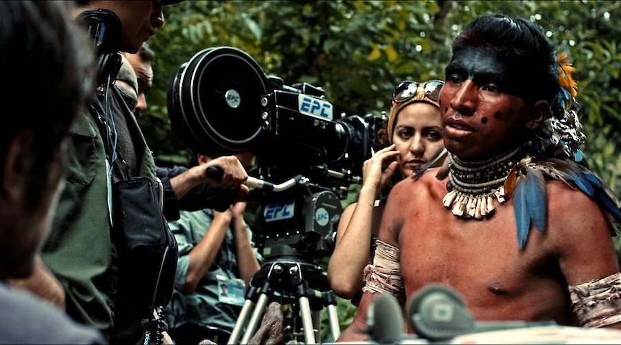 Daniel (Juan Carlos Aduviri) in costume as Atuey on the filmset.