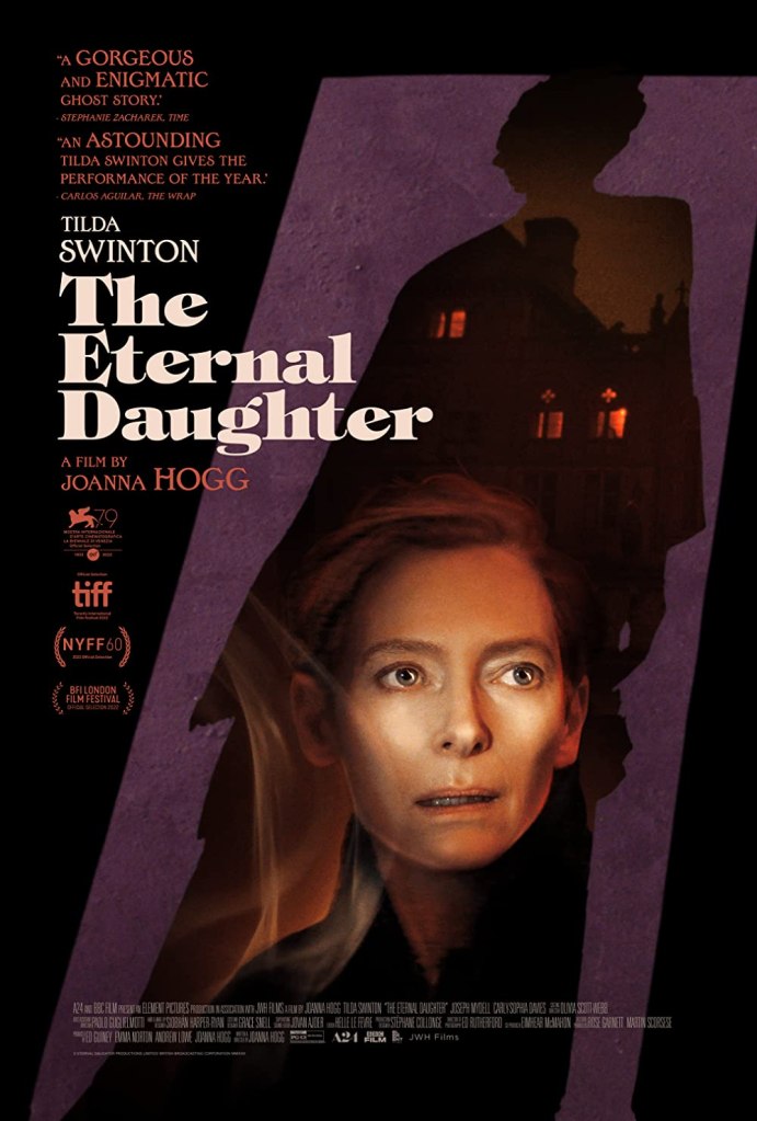The film poster showing Julie's (Tilda Swinton) face in a silhouette, as well as the lit windows of a big mansion. The entire thing looks like a 60s pulp cover.