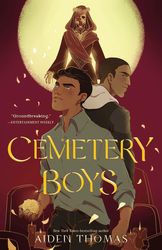The book cover showing a drawing of two young latinos on a cemetery. Behind them is Lady Death. 