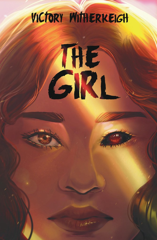 The book cover showing the face of a girl, one of her eyes a demonic black with a red pupil.