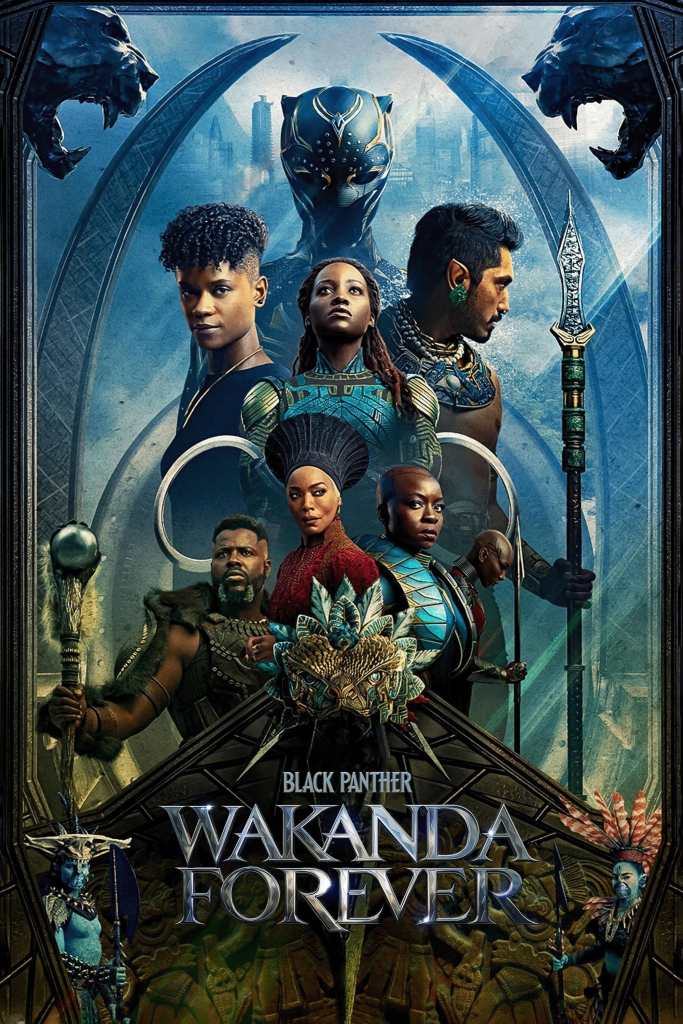 The film poster showing an arrangement of the main characters of the film in front of a big and new Black Panther. 