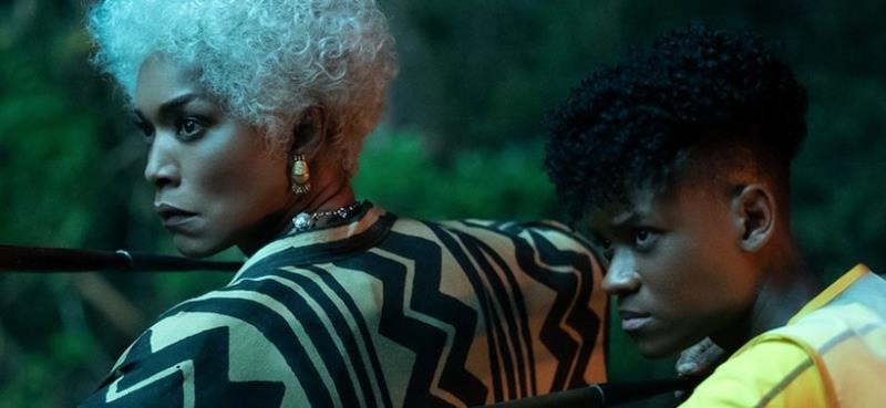 Ramonda (Angela Bassett) and Shuri (Letitia Wright) in very similar fighting positions. 