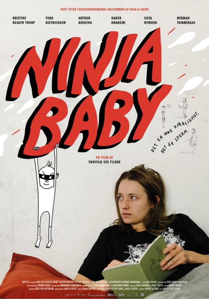 The film poster showing Rakel (Kristine Kujath Thorp) scribbling in a notebook, looking at a drawn baby on her wall.