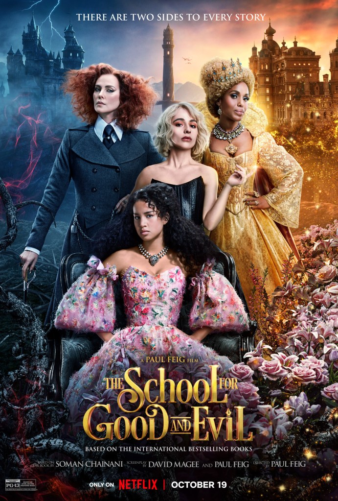 The film poster showing the school of evil on the right, with Lady Lesso (Charlize Theron) and the school of good on the left with Professor Dovey (Kerry Washington), with Sophie (Sophia Anne Caruso) and Agatha (Sofia Wylie) in the middle. 