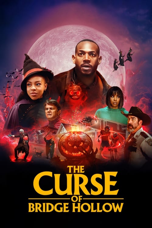 The film poster showing the central characters arranged in front of a full moon and above Halloween decorations bathed in a red glow and red fog.