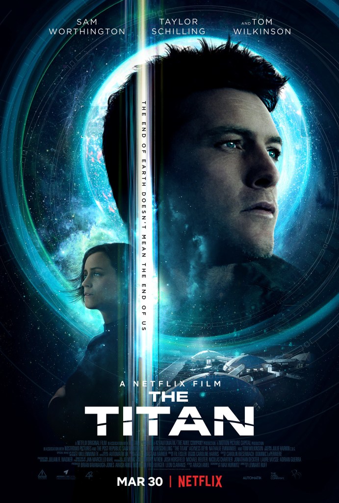 The film poster showing Rick (Sam Worthington) and Abi (Taylor Schilling)  in front of a starry sky with diagrams and a glowing blue planet and a space station.