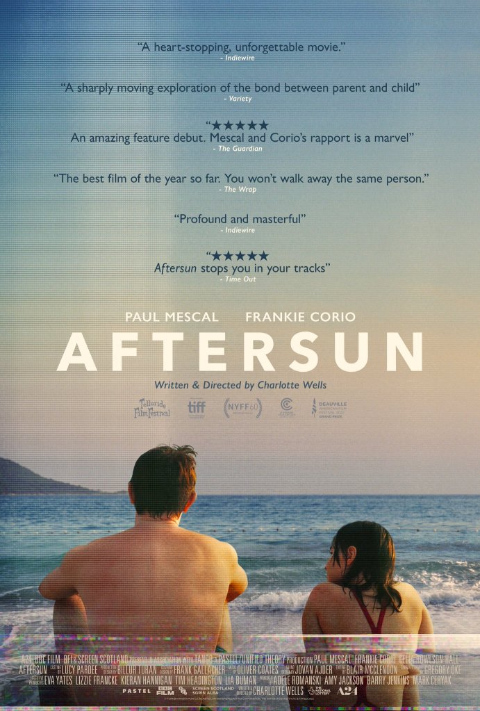 The film poster showing Calum (Paul Mescal) and Sophie (Frankie Corio) sitting on the beach, looking out at the sea. The image is grainy, as if taken from a video tape.