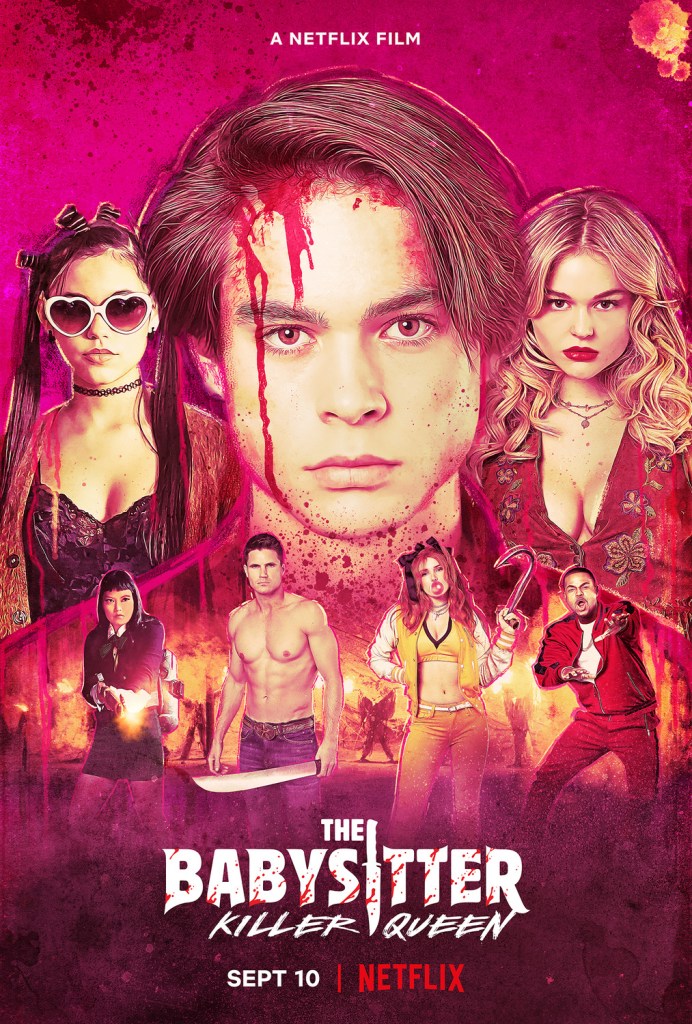 The film poster showing Phoebe (Jenna Ortega), Cole (Judah Lewis) and Melanie (Emily Alyn Lind, as well as four of the satanists smaller, back from the dead, arranged in front of  a pink background.