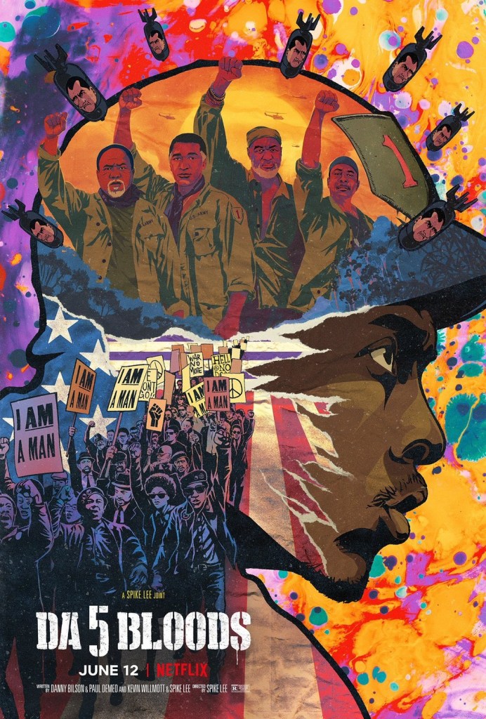 The film poster showing a painting of a Black soldier. In his helmet, we can see the four vets that are the main characters of the film, their fists raised in the Black Power salute, and in his neck is a protest against the Vietnam war. There are bombs being dropped on him with Nixon's face on them.