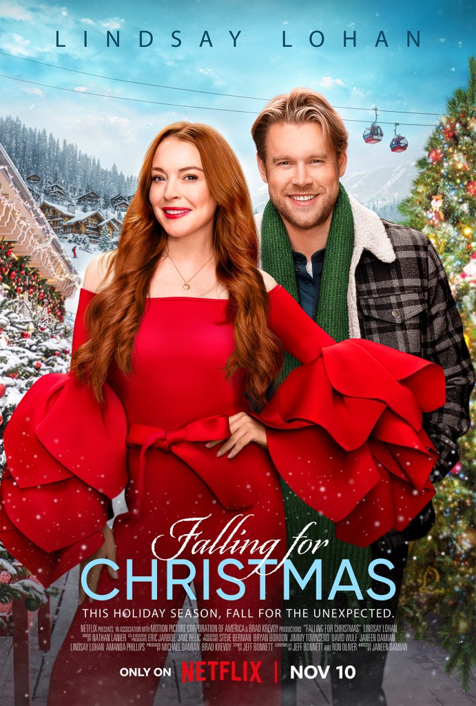 The film poster showing Sierra (Lindsay Lohan) and Jack (Chord Overstreet) standing in front of a Christmassy mountain scene. 