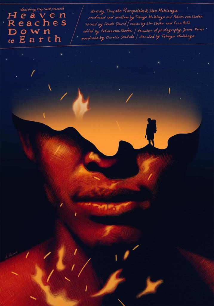 The film poster showing the lower half of a Black person's face in firelight, the upper half is covered by a mountain range and the silhouette of a hiker.